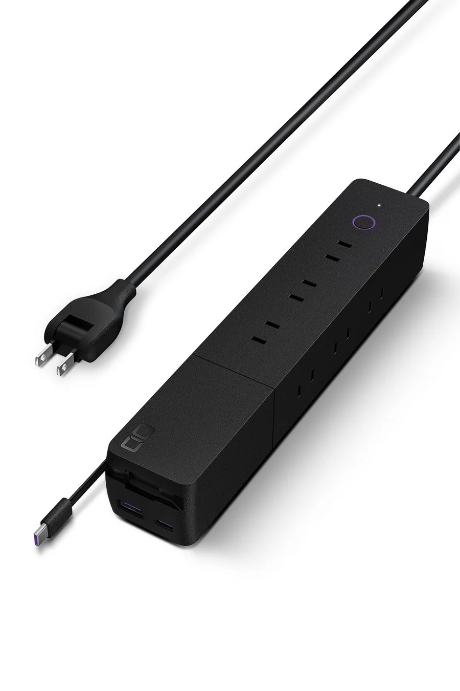 白い背景に置かれた黒いモダンなデザインの電源タップです。複数のACコンセントに加え、USB-AとUSB-Cポートを搭載しており、様々な電子機器の充電や給電に対応します。