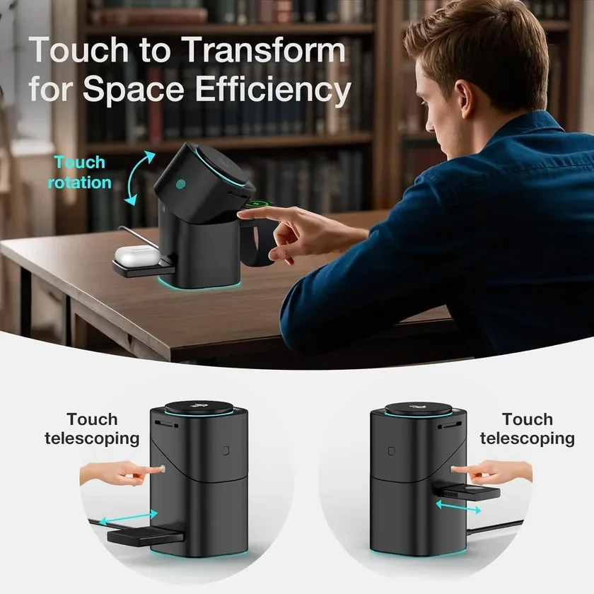 この画像は、スペース効率を追求した黒い多機能デスクデバイスを示しています。タッチ操作で回転および伸縮する機能を持ち、スマートウォッチやワイヤレスイヤホンなどの複数のガジェットを整理・充電できることをアピールしています。