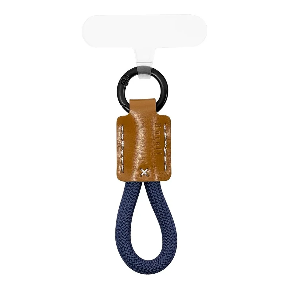 カラビナとネイビーのロープ、茶色のレザーパーツを組み合わせたスマートフォン用ストラップまたはキーホルダーです。シンプルなデザインで日常使いに便利です。