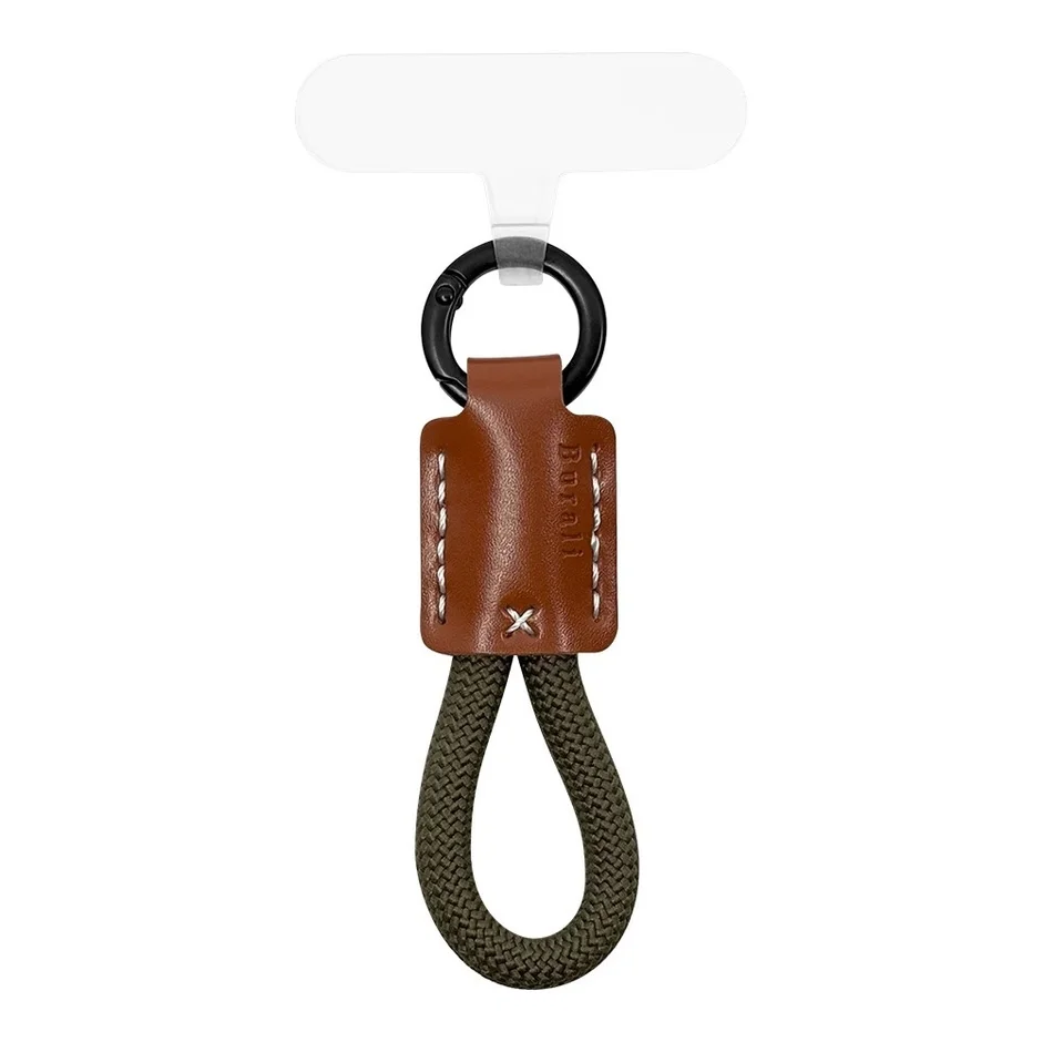 透明な接続タブと黒いカラビナが付いた、ブラウンのレザーとダークグリーンのロープで構成されたモバイル用ハンドストラップです。レザー部分には「Burali」のロゴと「x」のステッチが見られます。
