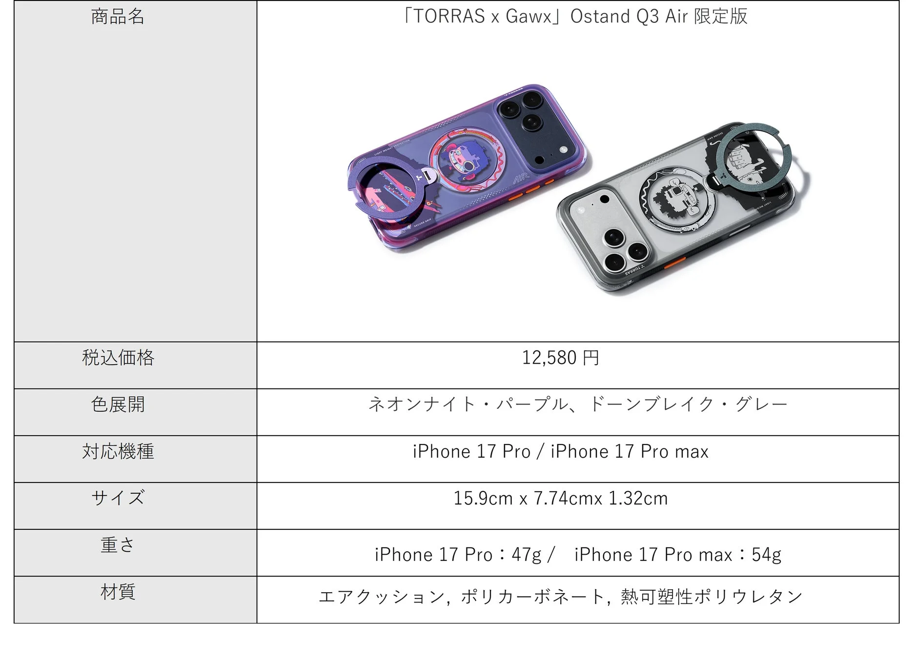 TORRAS x Gawx Ostand Q3 Air限定版 商品仕様