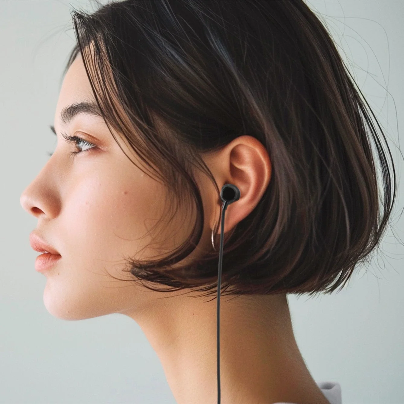 女性が黒いイヤホンを着用している姿