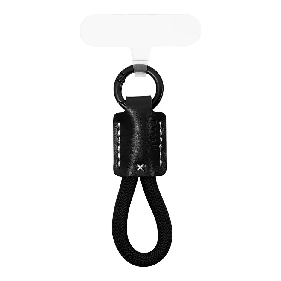 スマートフォンや鍵などに取り付け可能な、黒いレザーと編み込みコードが特徴のハンドストラップです。カラビナ付きで、様々なアイテムに簡単に装着できます。