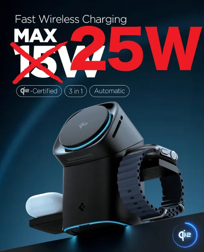 高速ワイヤレス充電器の製品画像で、最大25WのQi2認証対応、3in1機能を持つことをアピールしています。Apple WatchとAirPodsのようなイヤホンが同時に充電されている様子が示されています。