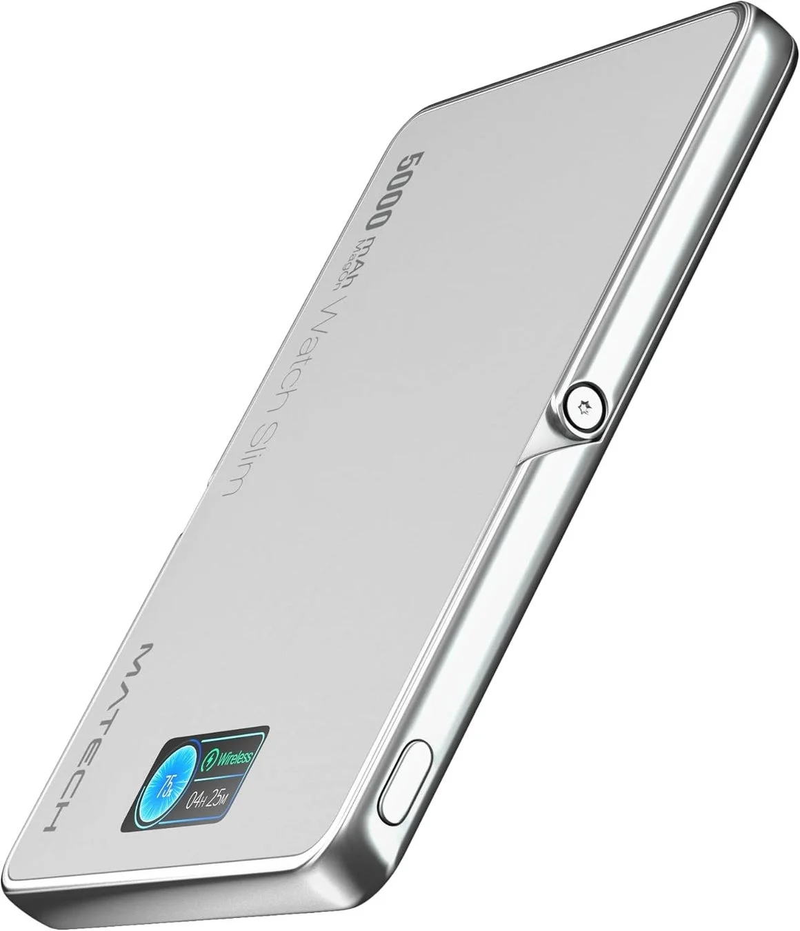 銀色のスリムなモバイルバッテリーが斜めから撮影されています。表面には「MATECH」のブランド名と「5000 mAh Watch Slim」の文字、そしてバッテリー残量75%とワイヤレス充電中を示すデジタル表示があります。