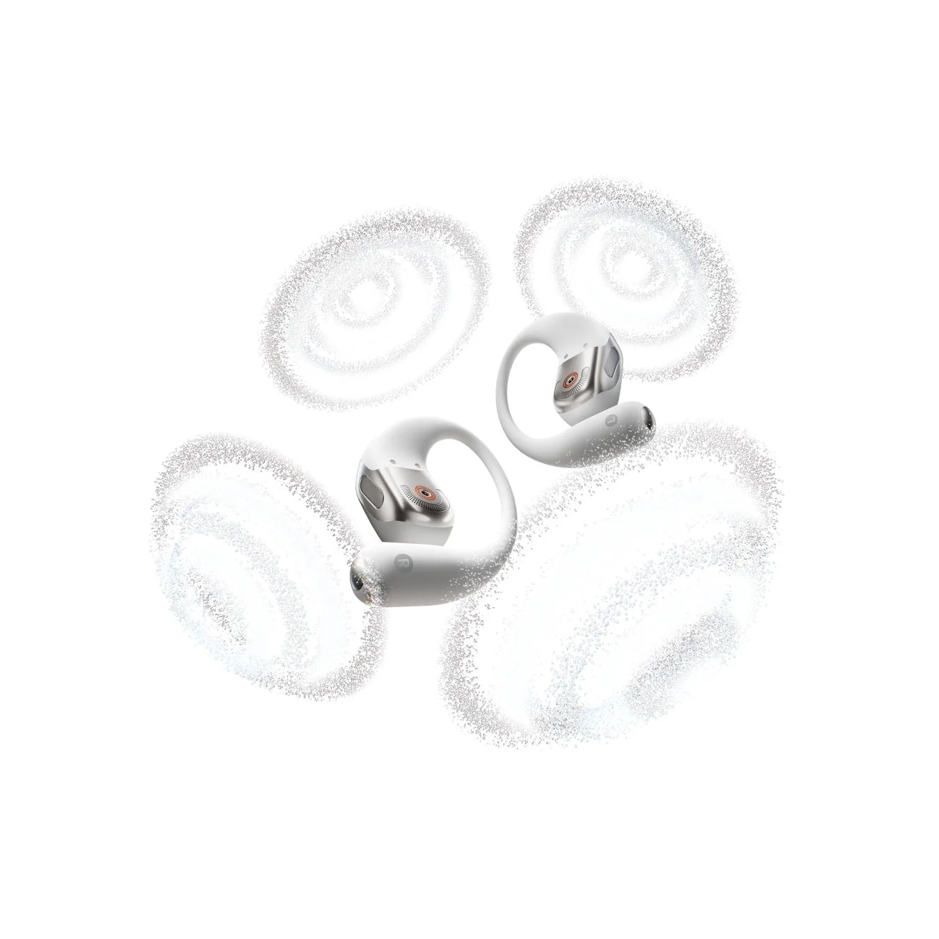 白い背景に耳掛け式ワイヤレスイヤホン