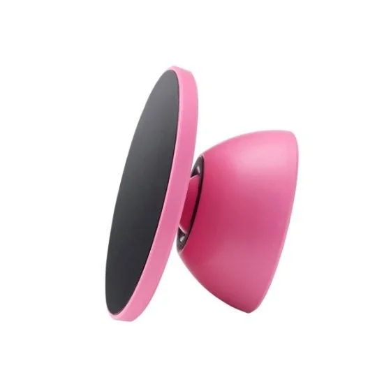 白い背景にピンクと黒の円形デバイスが写っています。