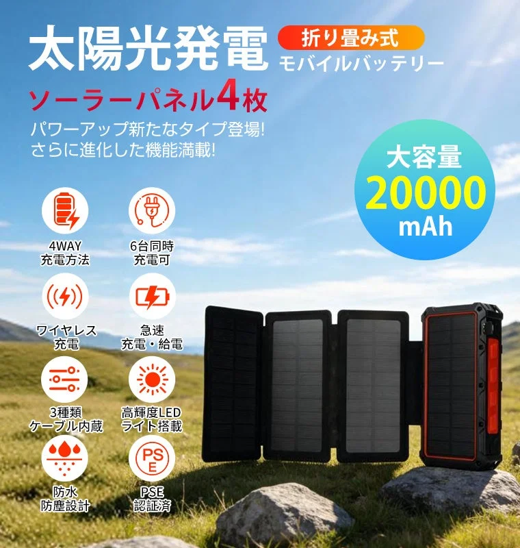 20000mAhの大容量を誇る折り畳み式の太陽光発電モバイルバッテリー