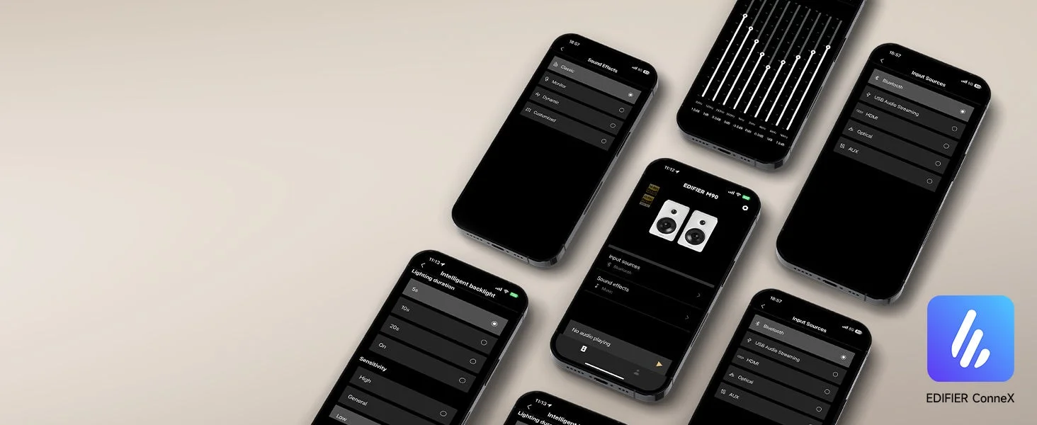 複数のスマートフォンに表示された「EDIFIER ConneX」アプリのインターフェース。