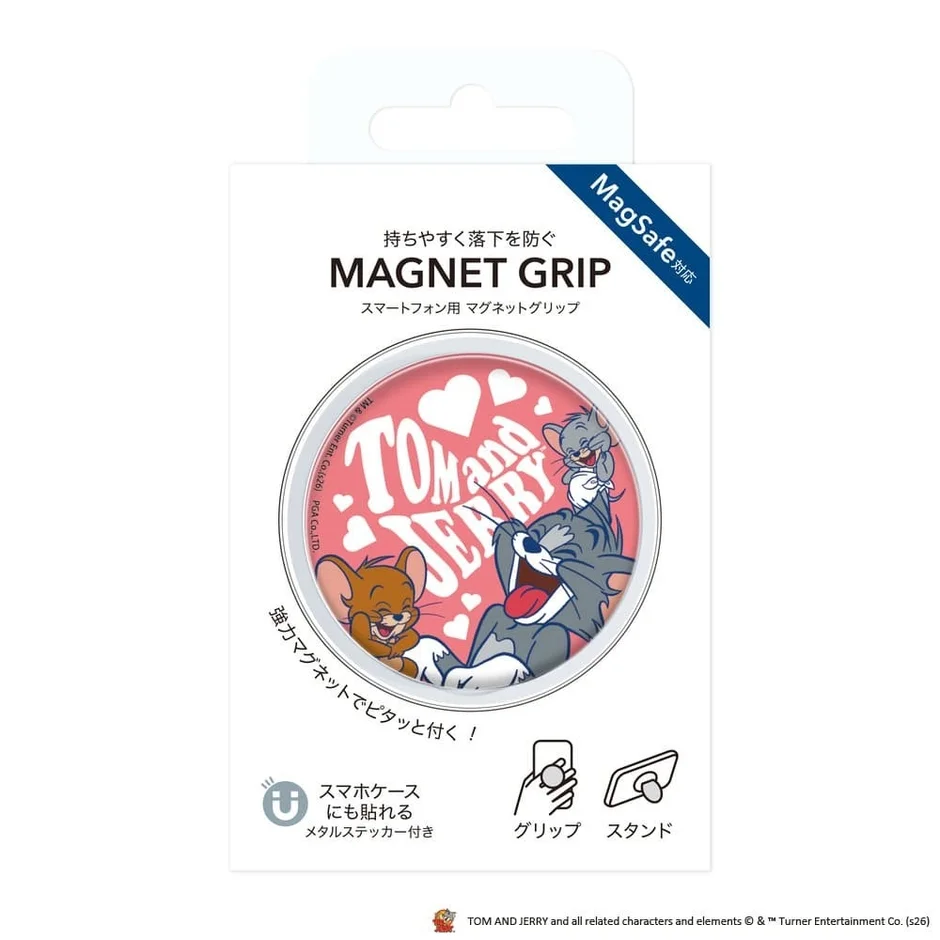 トムとジェリーがデザインされたMagSafe対応のスマートフォン用マグネットグリップのパッケージ